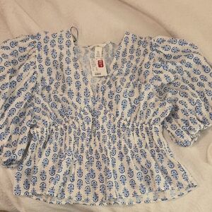 H&M White and Blue Patterned Puff Sleeve Blouse